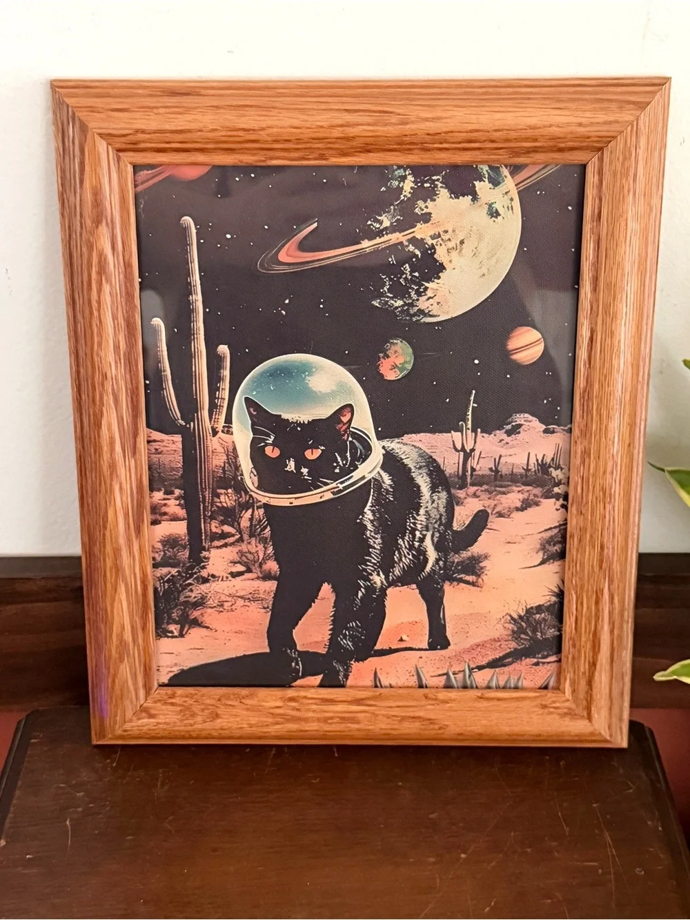 Black Astronaut Cat Vintage Style Canvas Print Desert Cactus Wood Framed Art
